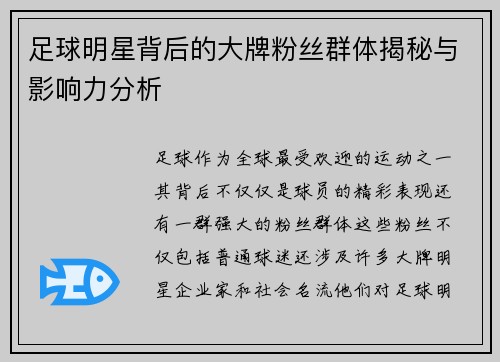 足球明星背后的大牌粉丝群体揭秘与影响力分析