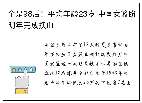 全是98后！平均年龄23岁 中国女篮盼明年完成换血